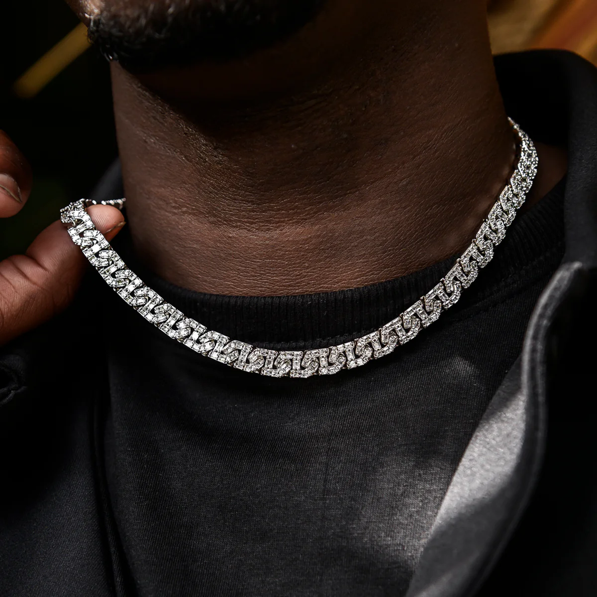 Baguette Chain Link Necklace + Bracelet in White Gold- 8mm