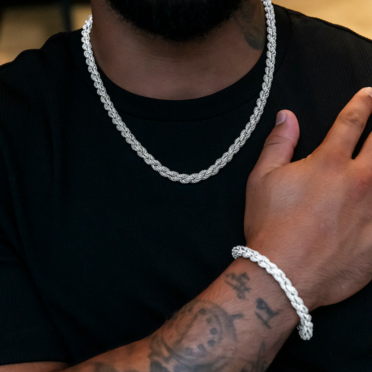 Diamond Rope Chain + Bracelet Bundle in White Gold- 7mm