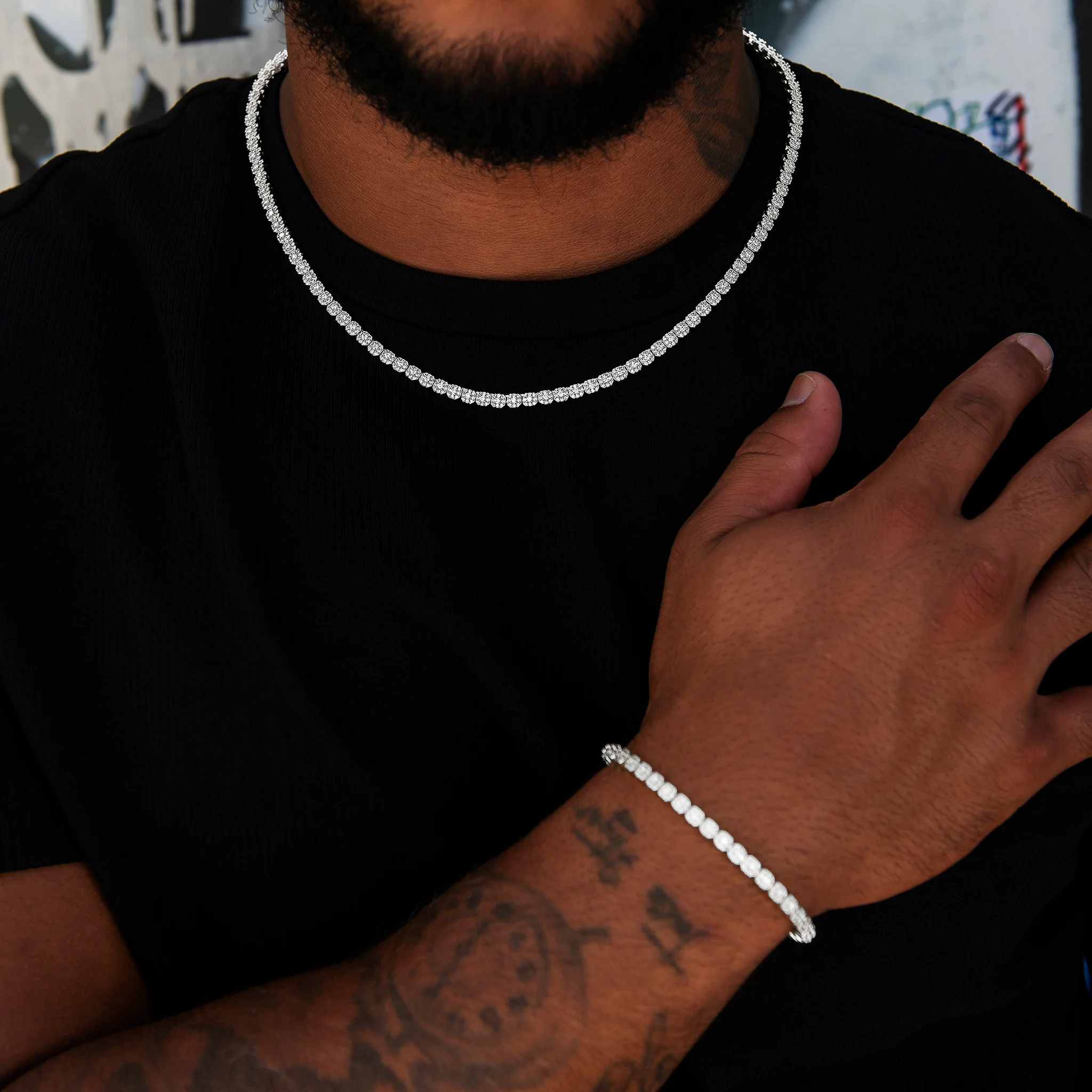 Iced Mini Clustered Tennis Chain + Bracelet Bundle in White Gold