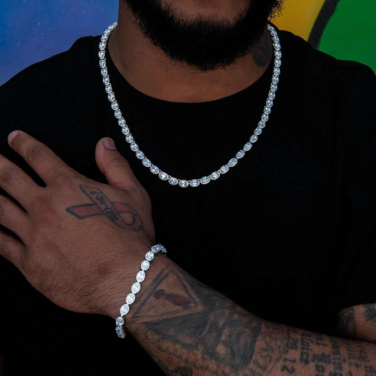 Diamond Oval Clustered Tennis Chain + Bracelet Bundle in White Gold- 4mm