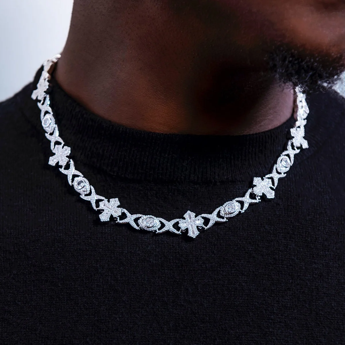 Baguette Evil Eye + Iced Herringbone + Baguette Tennis Chain Bundle