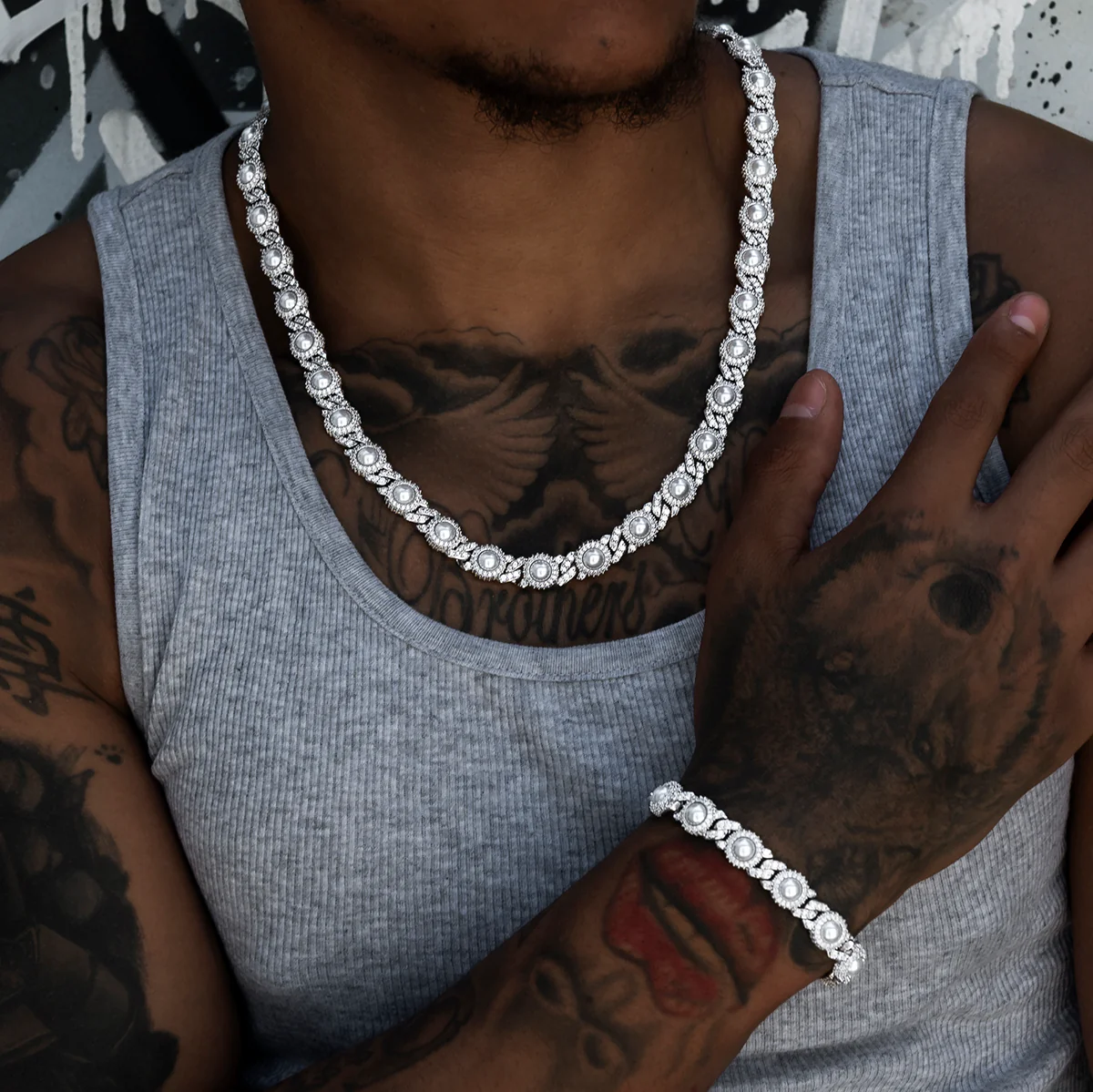 Iced Halo Cuban Chain + Bracelet with Pearls Bundle in White Gold