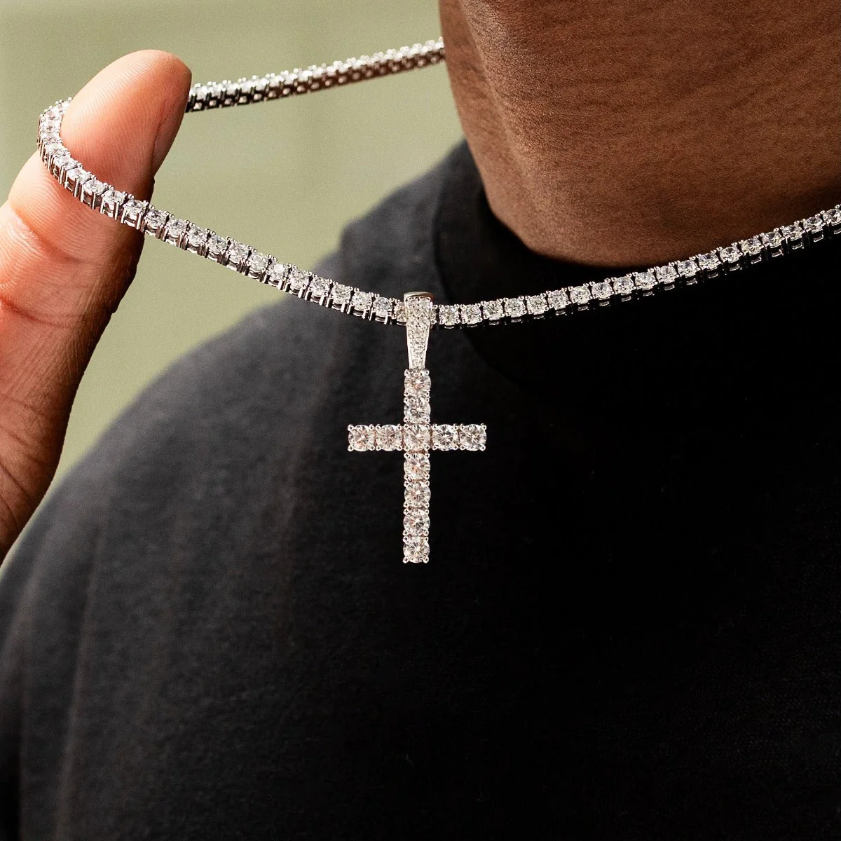 Diamond Tennis Chain + Diamond Cross Bundle in White Gold- 3mm