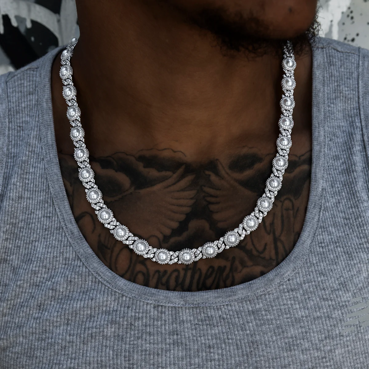 Iced Halo Cuban Chain + Bracelet with Pearls Bundle in White Gold