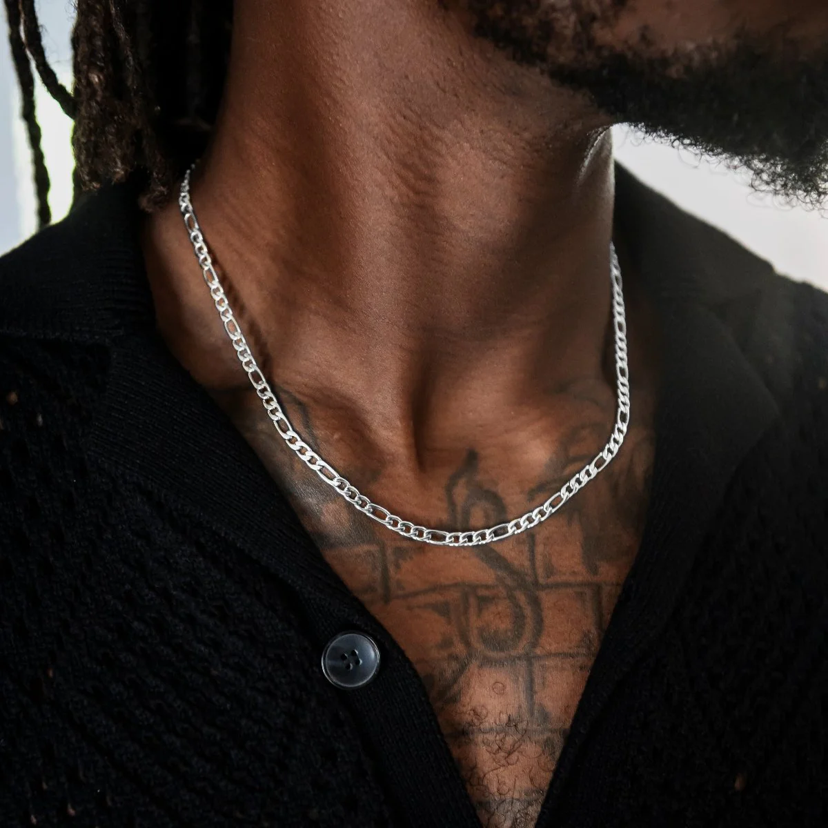 Figaro Link Chain + Bracelet Bundle in White Gold- 4mm