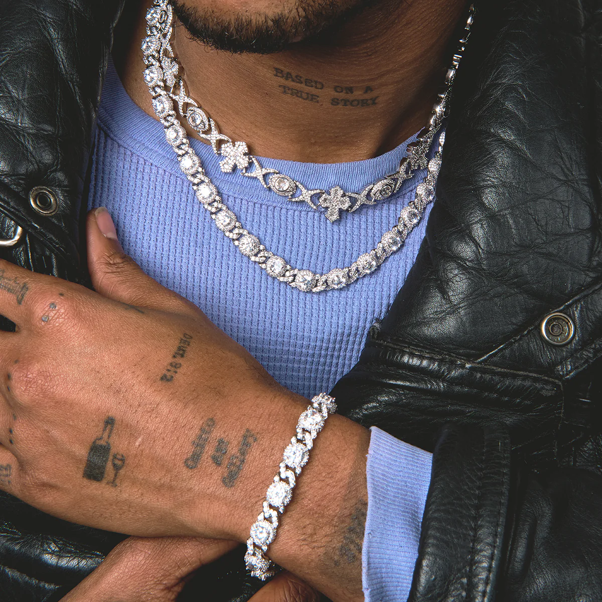 Baguette Cross Evil Eye and Diamond Station Cuban Chains + Bracelet Bundle in White Gold