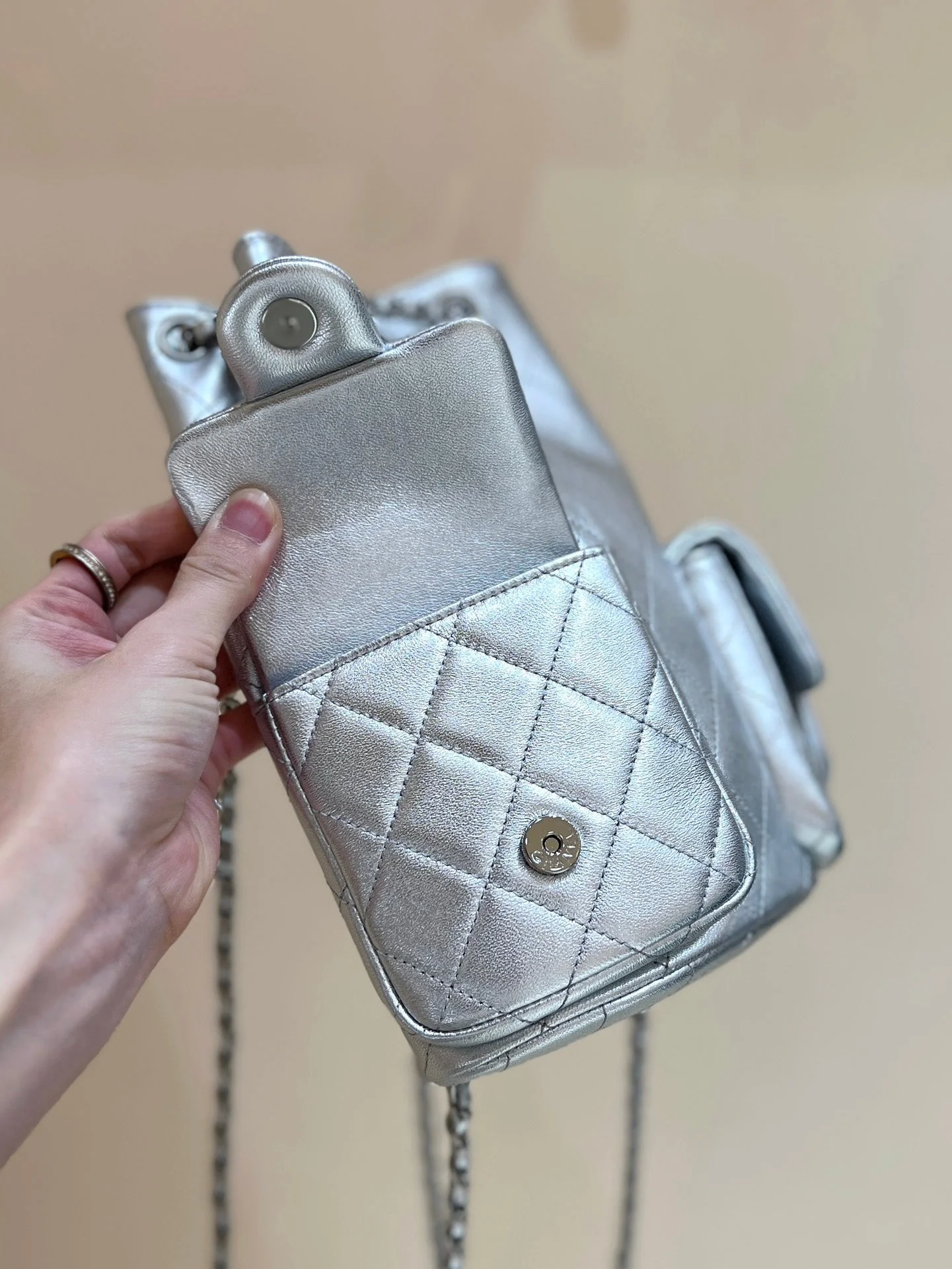 DRAWSTRING BUCKET BACKPACK 24 IN SILVER-TONE LAMBSKIN SILVER HARDWARE
