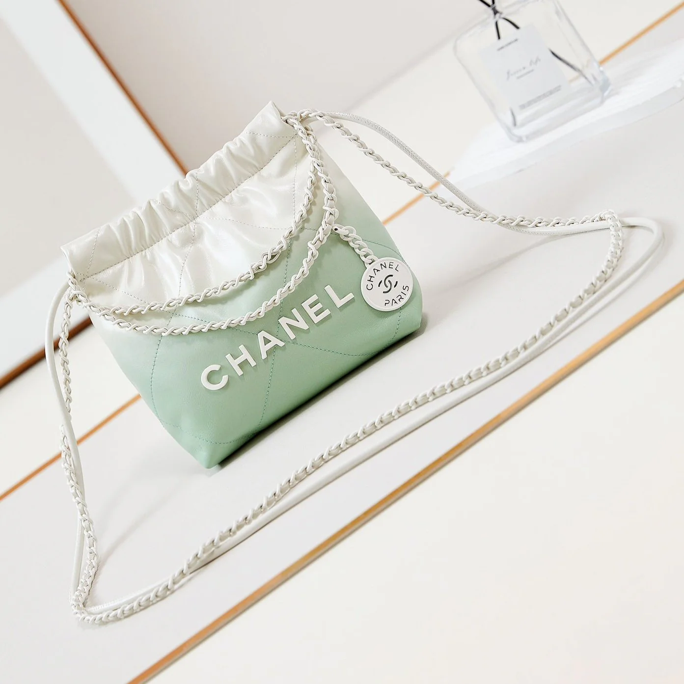 CC MINI 20 HOBO BAG IN WHITE MIX LIGHT GREEN CALFSKIN