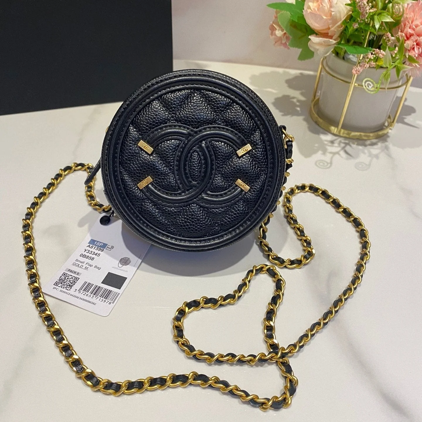 CC MINI 12 ROUND CHAIN BAG IN BLACK CALFSKIN GOLD HARDWARE