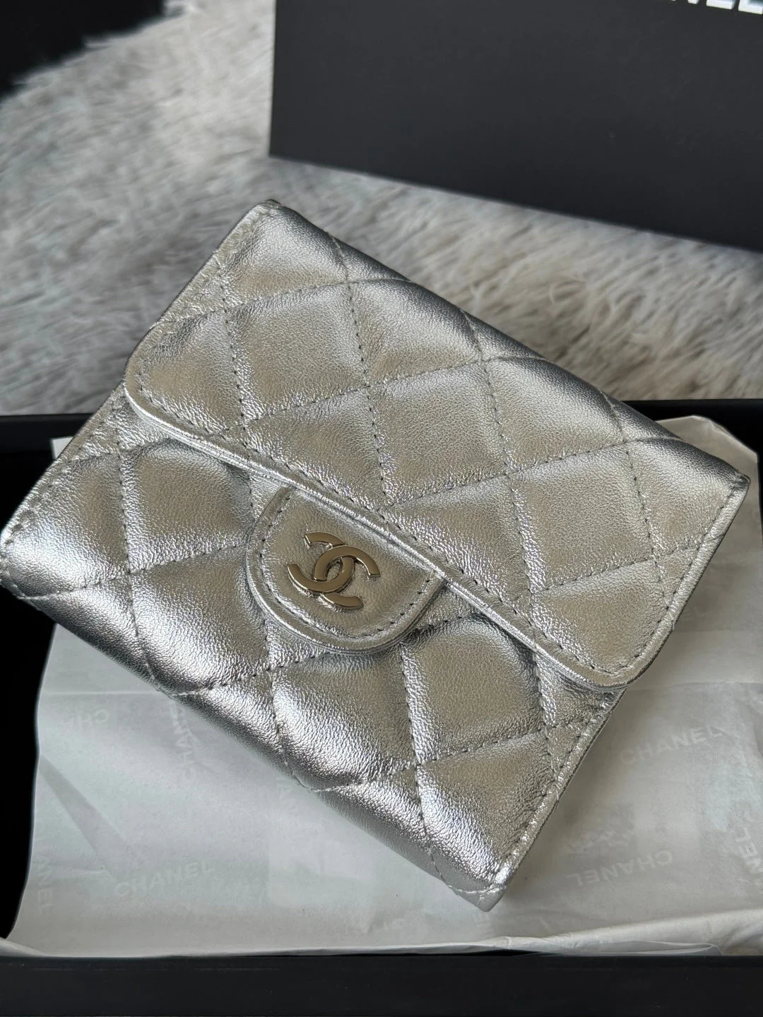 CHANEL 25S CF SMALL TRI FOLD WALLET 11 IN SILVER CAVIAR GOLD HARDWARE