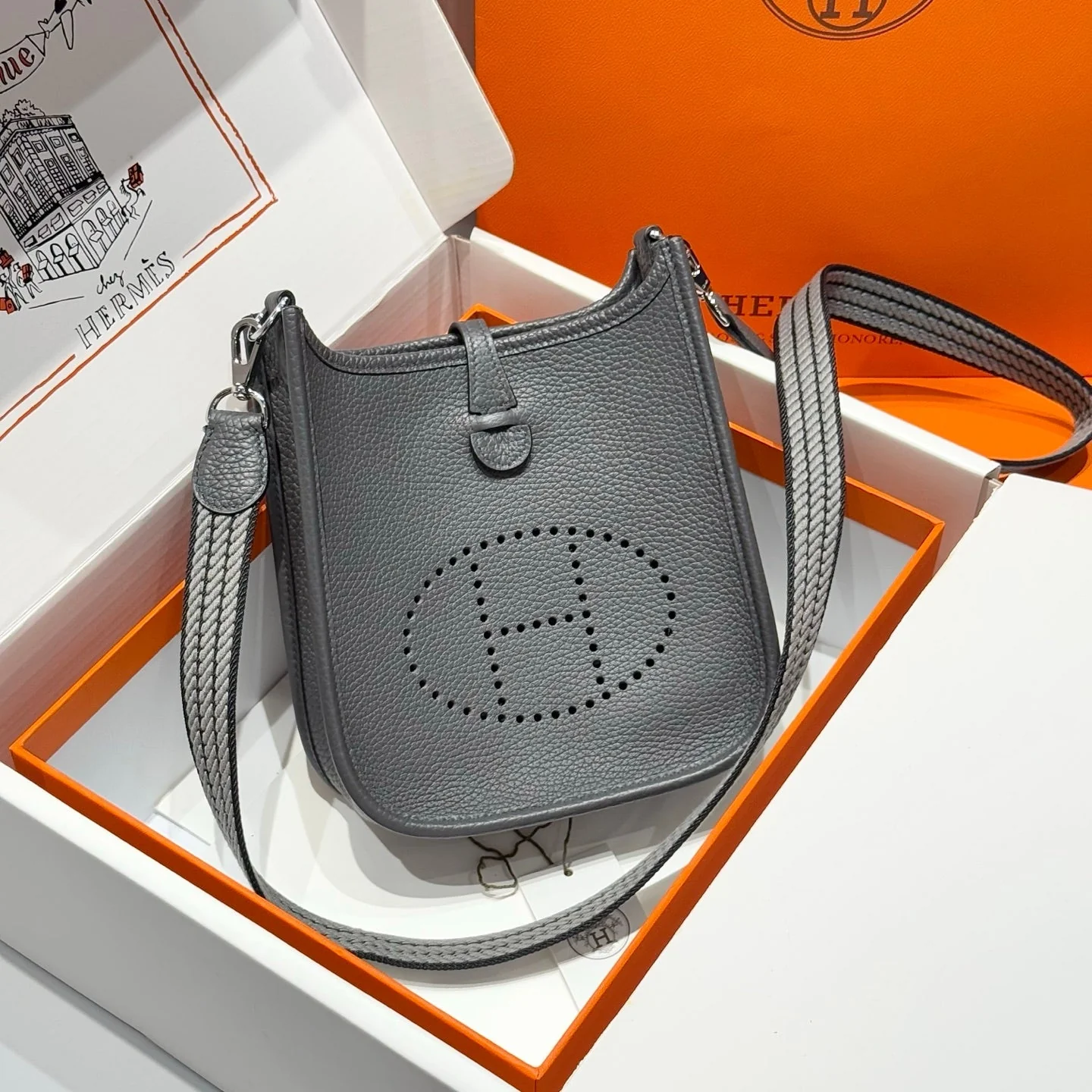 HERMES 25S MINI EVELYNE 18 IN CHARCOAL GRAY PATTERNED STRAP CALFSKIN SILVER HARDWARE