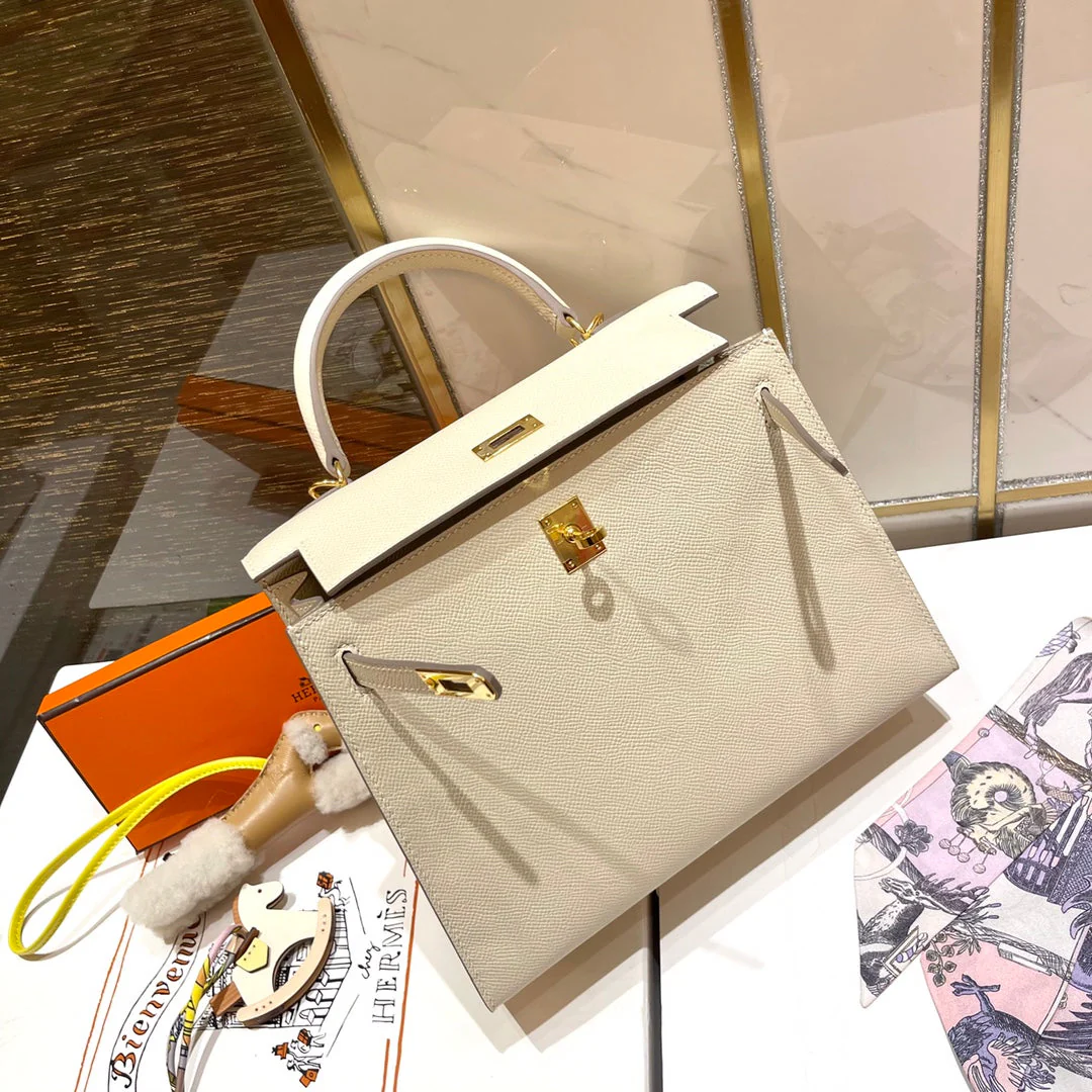 HM KELLY 25CM WHITE EPSOM LEATHER GOLD HARDWARE
