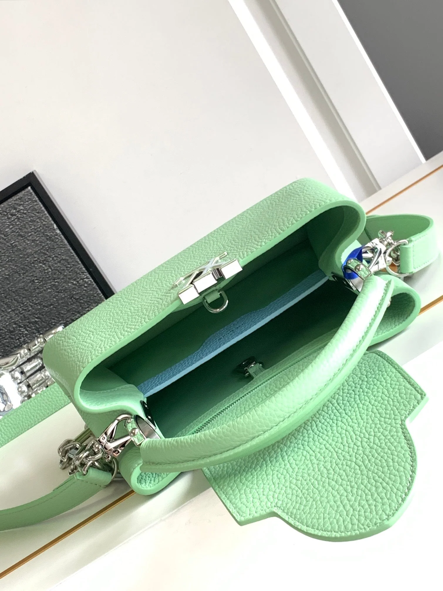 CAPUCINES BB 27 IN LIGHT GREEN TAURILLON SILVER HARDWARE