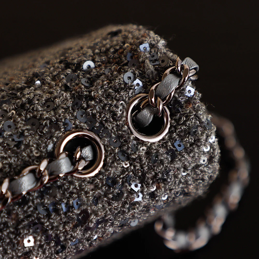 CHANEL 25S FLAP BAG 21 CM IN DARK GREY SEQUINED TWEED