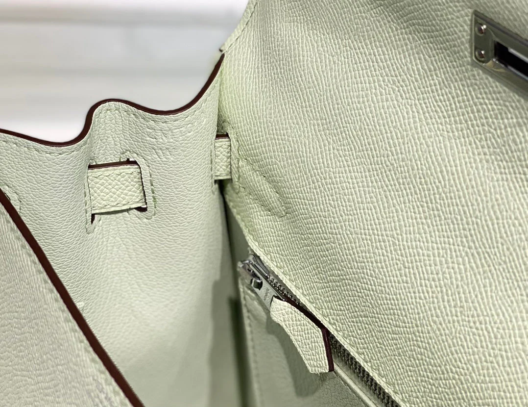 KELLY 25CM IN VERT FIZZ SWIFT CALFSKIN SILVER HARDWARE