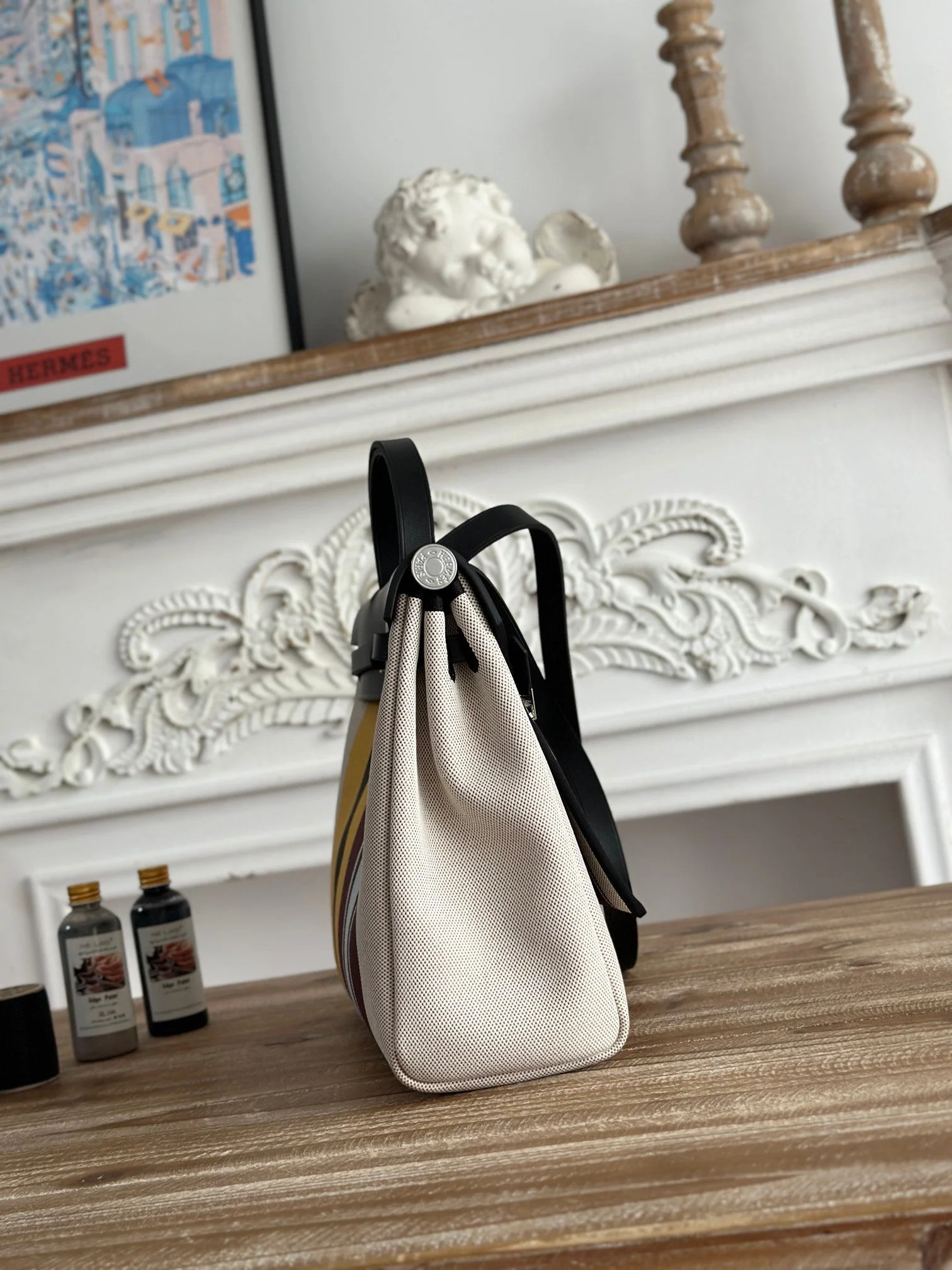 HERBAG ZIP 31 LAQUERED BAG IN BROWN MIX YELLOW H PLUME CANVAS