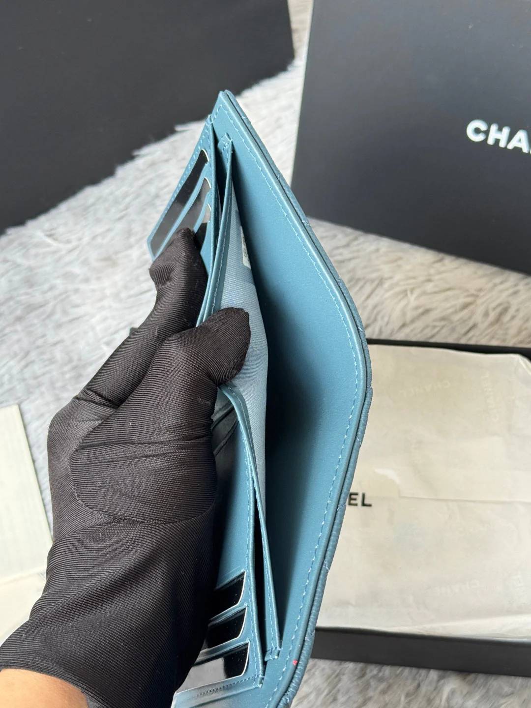 CHANEL 25S CF SMALL TRI FOLD WALLET 11 IN SLATE BLUE CAVIAR GOLD HARDWARE