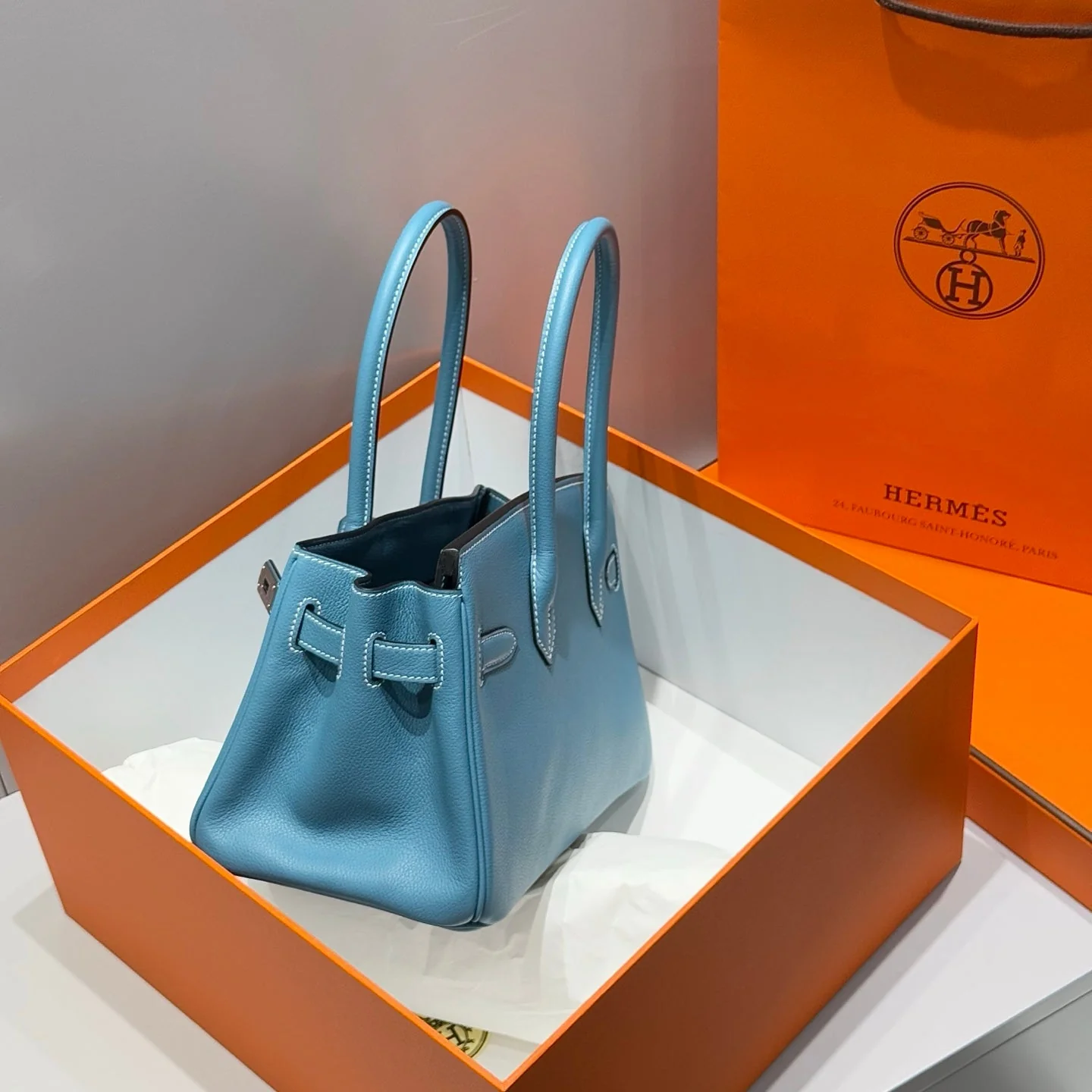 HERMES 25S SHOULDER BIRKIN 29 IN DENIM BLUE CALFSKIN SILVER HARDWARE