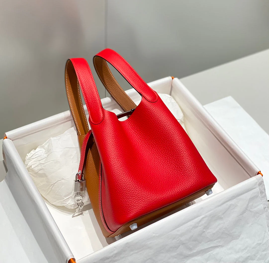 HERMES 25S PICOTIN LOCK 18 IN GOLDEN BROWN AND RED CALFSKIN SILVER HARDWARE