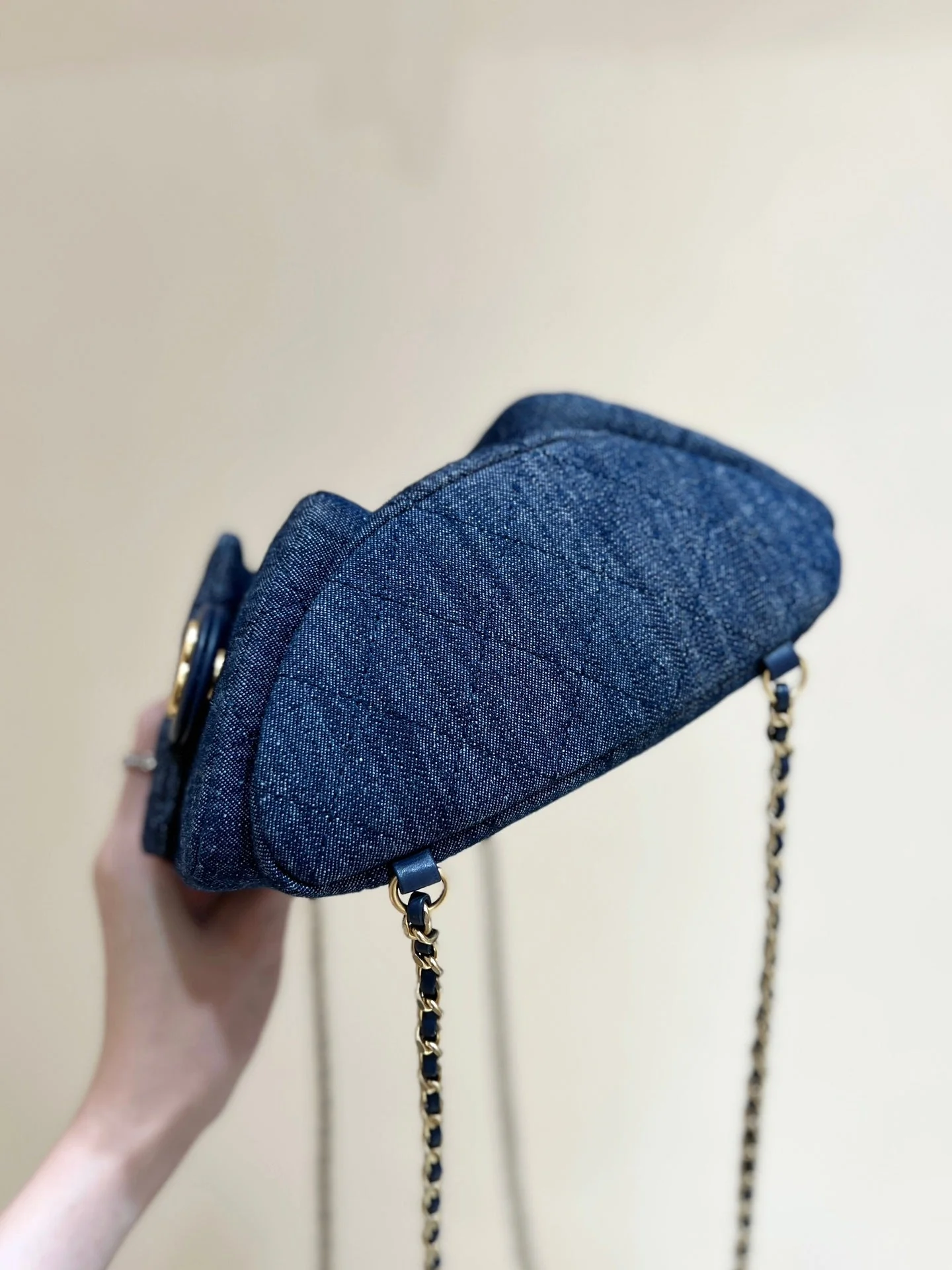 DRAWSTRING BUCKET BACKPACK 24 IN DARK BLUE DENIM GOLD HARDWARE