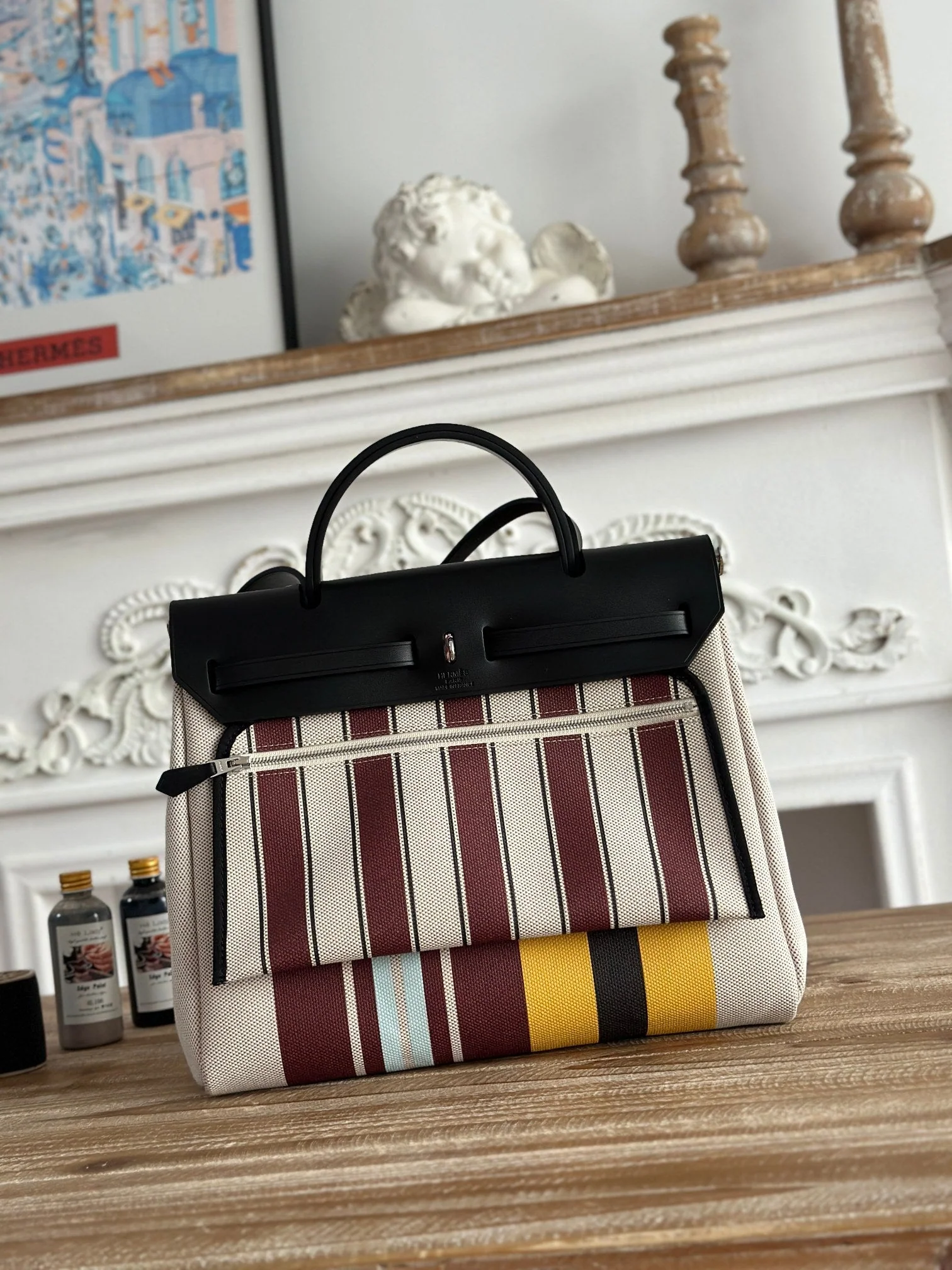 HERBAG ZIP 31 LAQUERED BAG IN BROWN MIX YELLOW H PLUME CANVAS