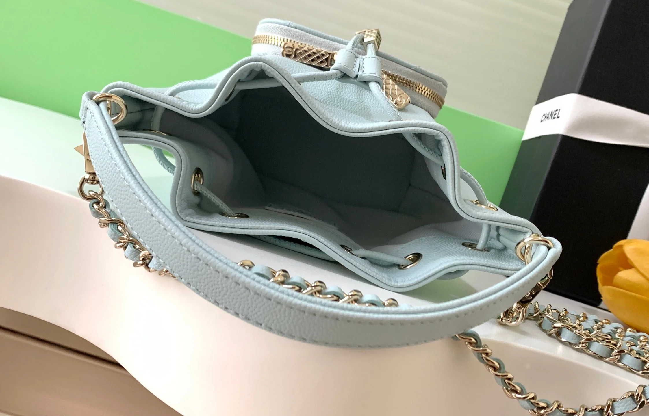 CHANEL 25S MINI BUCKET BAG 12 IN LIGHT BLUE CALFSKIN GOLD HARDWARE