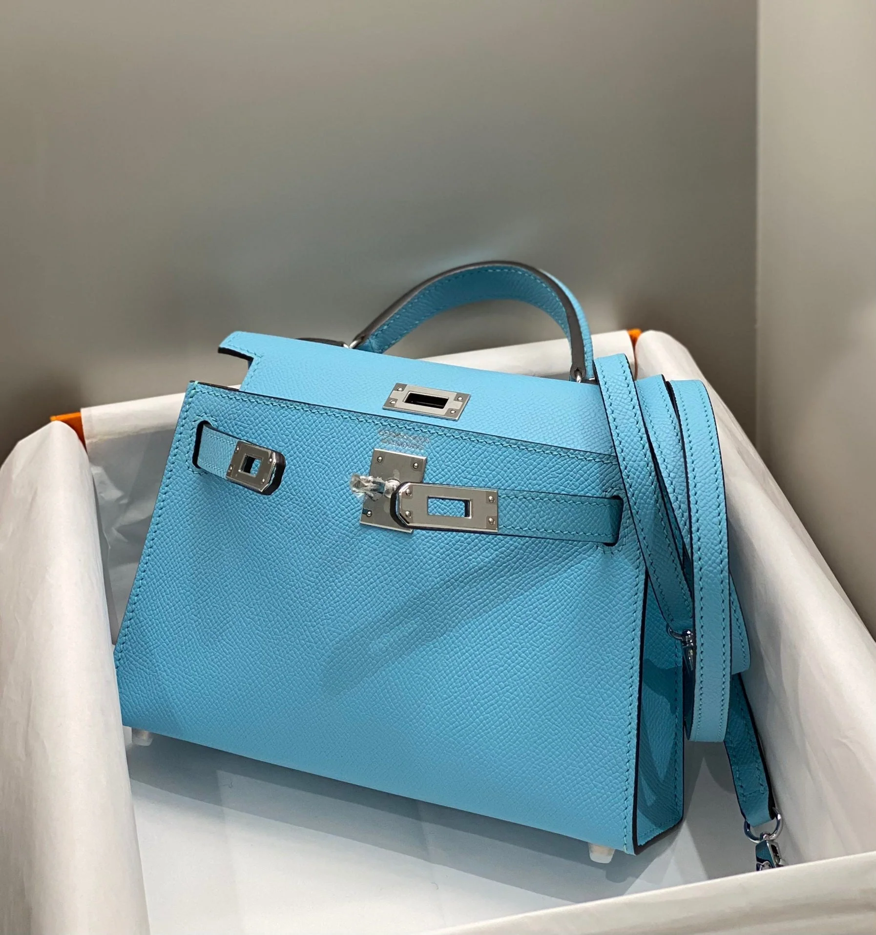 HM KELLY MINI 20 SKY BLUE EPSOM SILVER HARDWARE