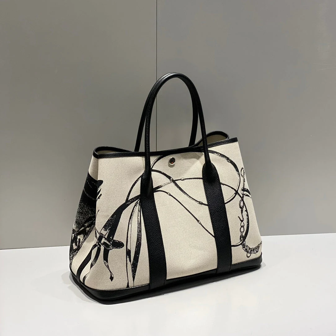 GARDEN PARTY 36 IN BEIGE AND BLACK TOILE H CANVAS BLACK CALFSKIN HORSE TACK SKETCH PRINT