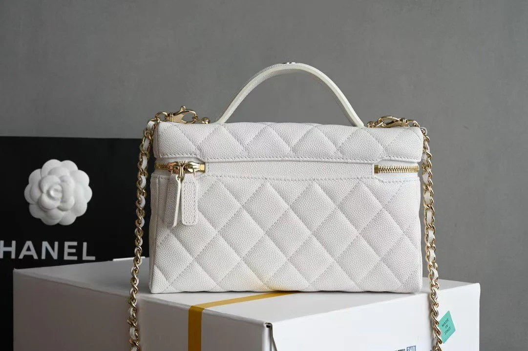 COSMETIC BAG 19 IN WHITE GRAINED CALFSKIN GOLD HARDWARE