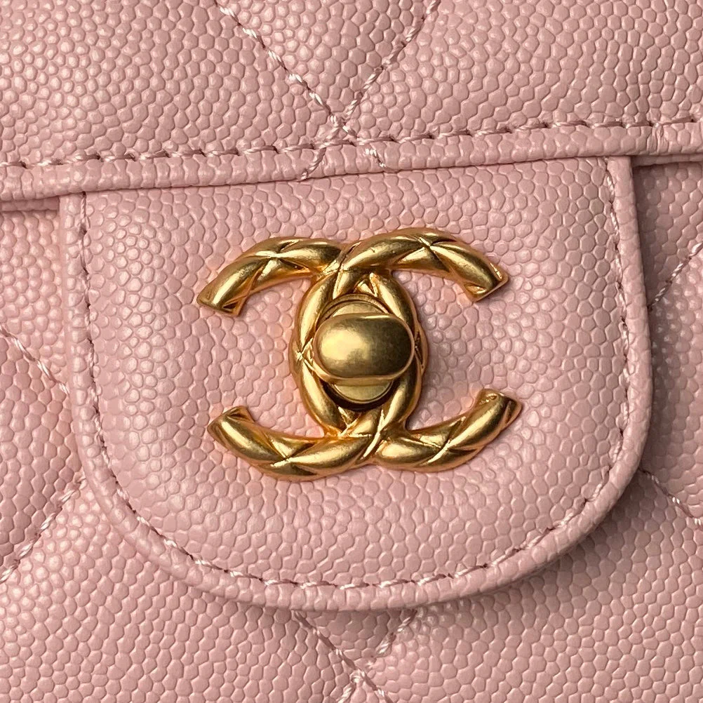 CHANEL 25S FLAP BAG 21 CM IN LIGHT PINK GRAINED LAMBSKIN WITH TOP HANDLE