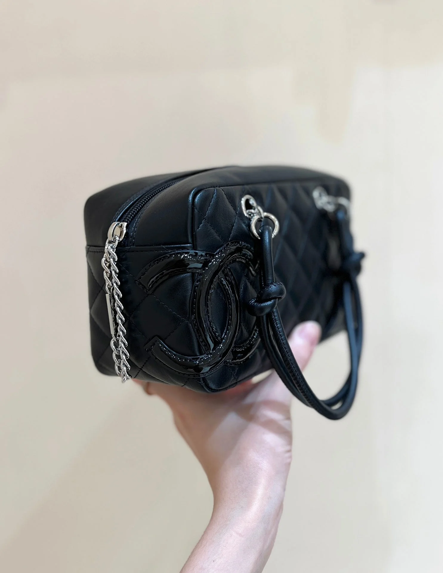 25S CHANEL CAMBON BOSTON BAG 21 IN BLACK CALFSKIN SILVER HARDWARE