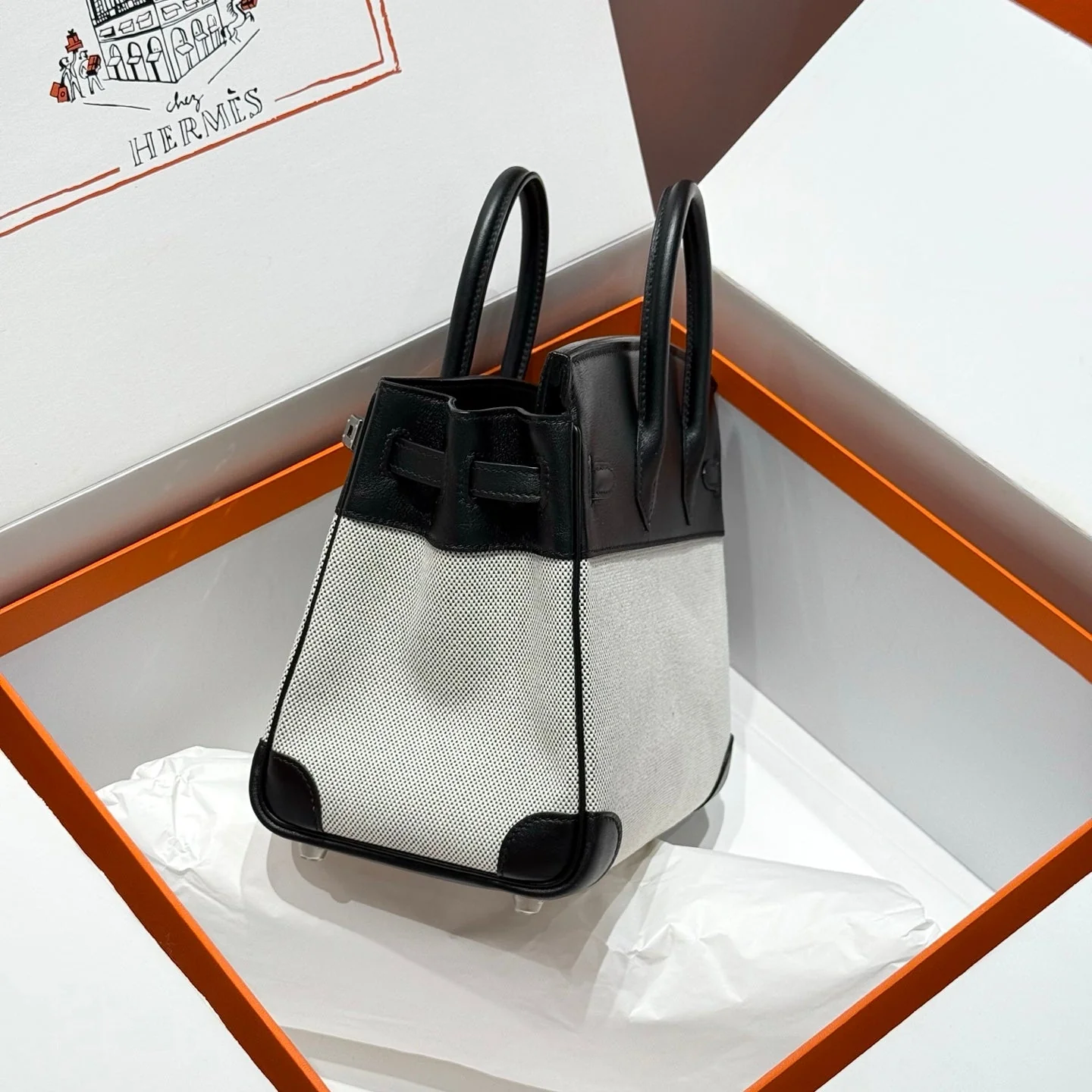 QUADRILLE BIRKIN 25CM IN BLACK SWIFT CALFSKIN WHITE TOILE CANVAS