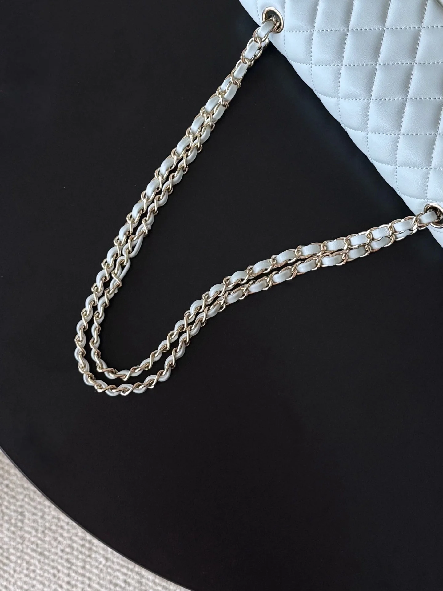 CHANEL 25S CLASSIC FLAP BAG 25 CM IN LIGHT GRAY BLUE LAMBSKIN WITH GOLD HARDWARE