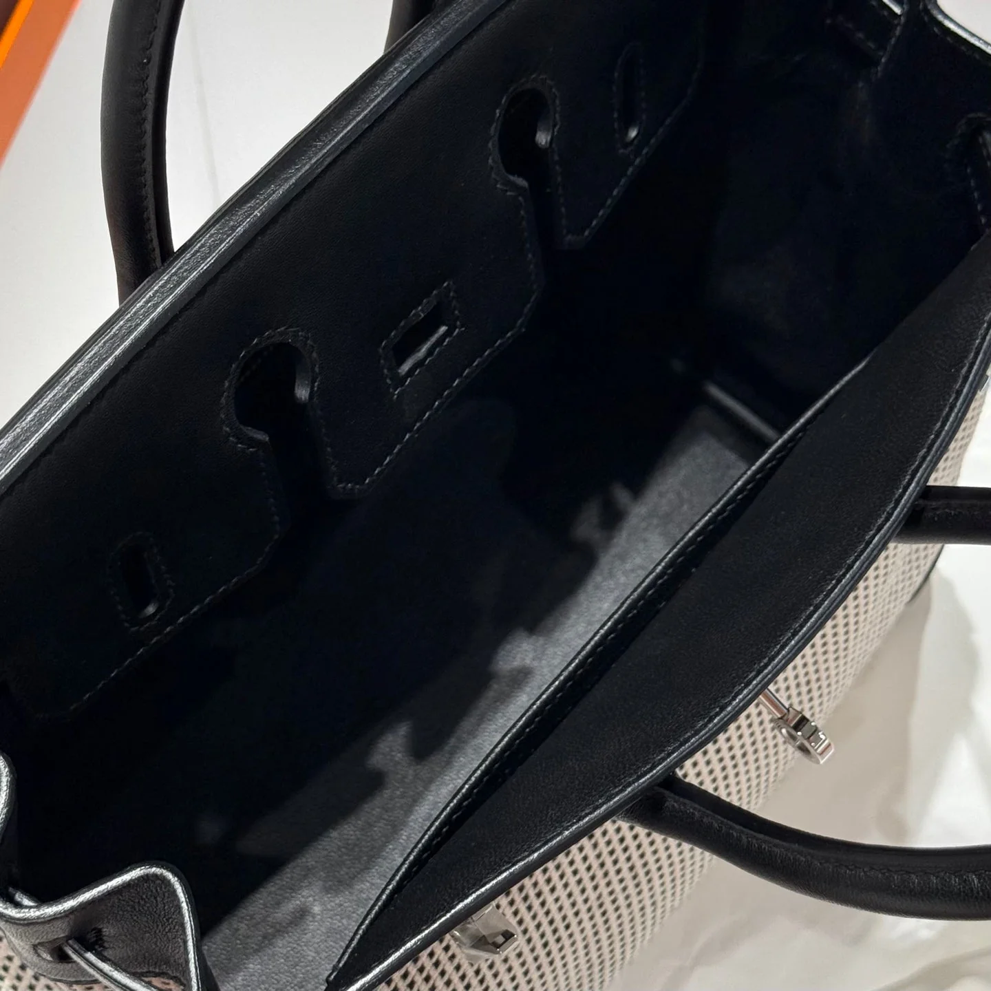 QUADRILLE BIRKIN 25CM IN BLACK SWIFT CALFSKIN WHITE BLACK PLAID TOILE CANVAS