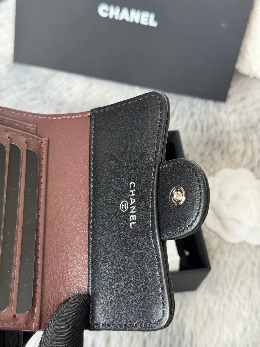 CHANEL 25S CF SMALL TRI FOLD WALLET 11 IN BLACK LAMBSKIN SILVER HARDWARE