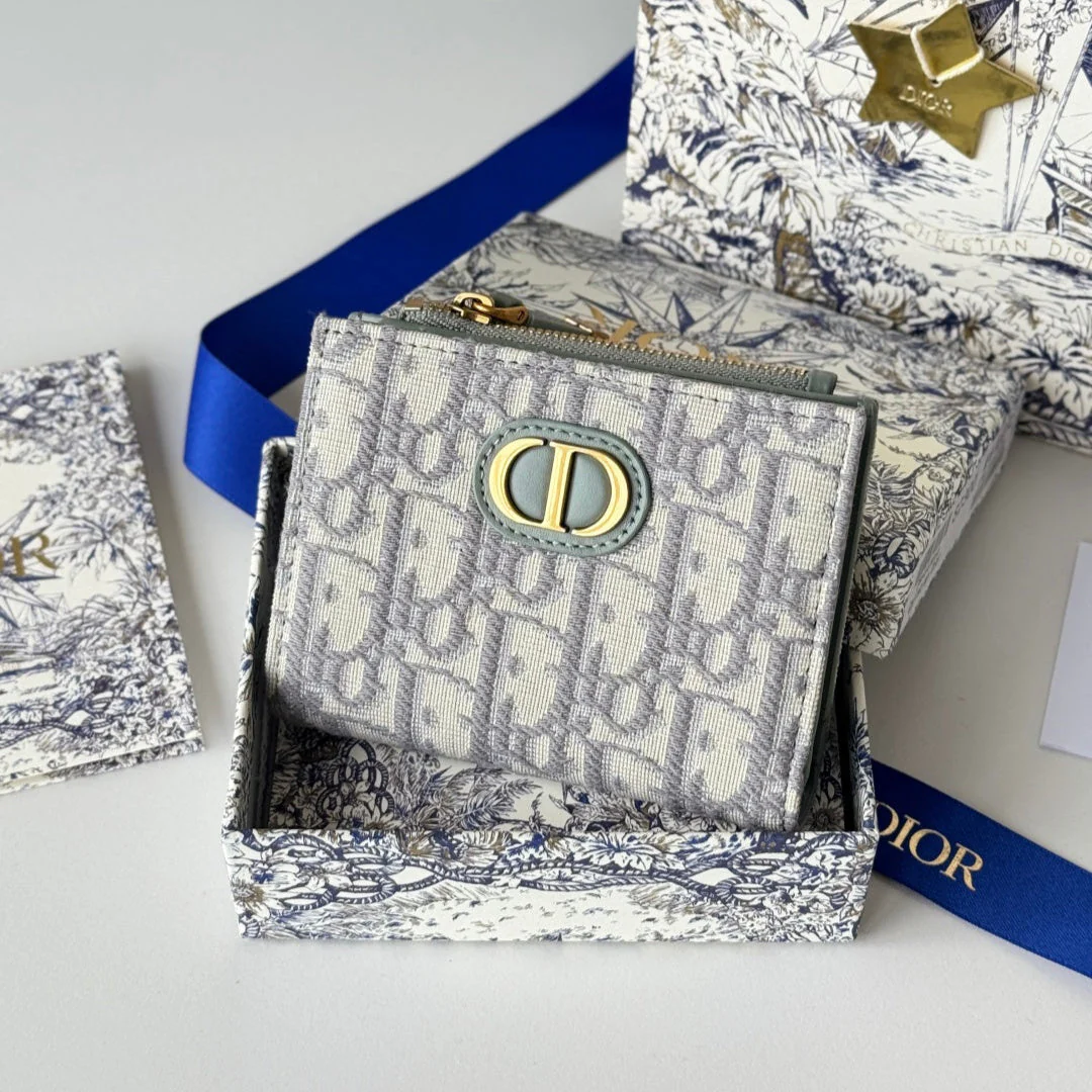 DIOR 25S 30 MONTAIGNE DAHLIA WALLET 11 IN GRAY DIOR OBLIQUE JACQUARD