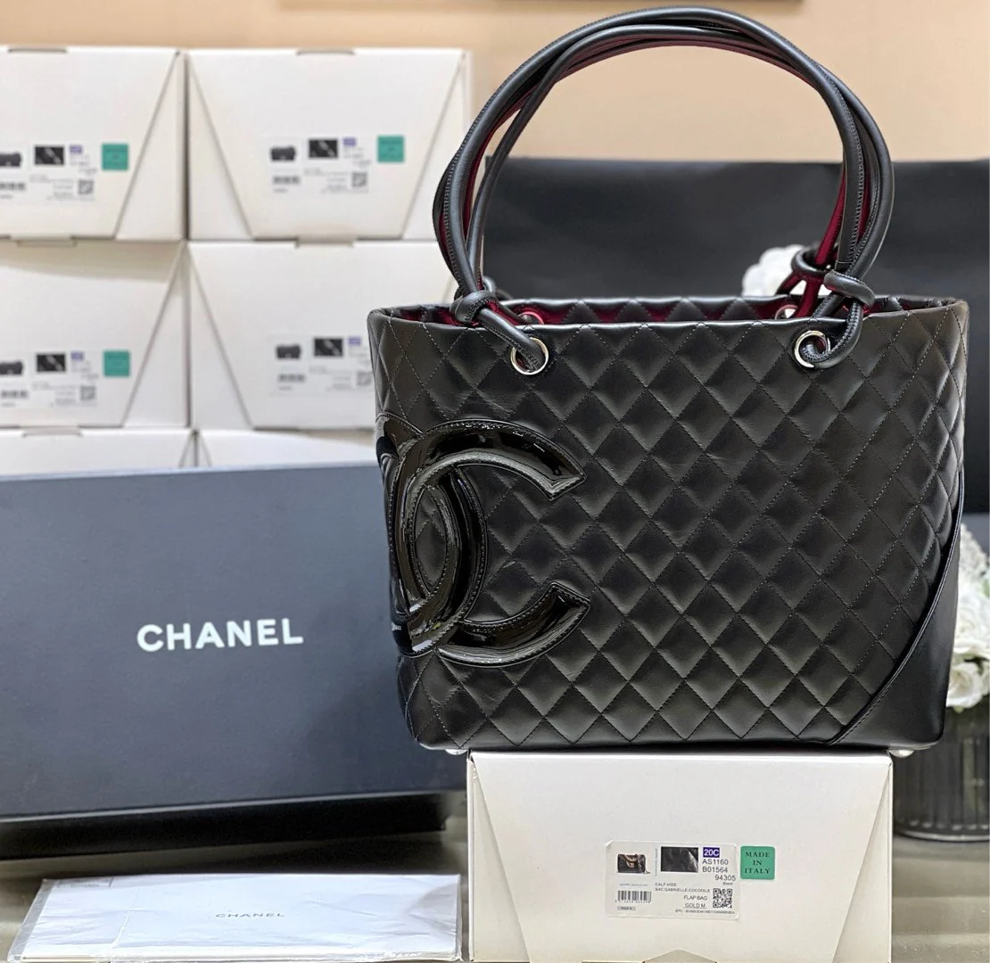 CHANEL 25S CAMBON LIGNE TOTE BAG 30 IN BLACK LAMBSKIN