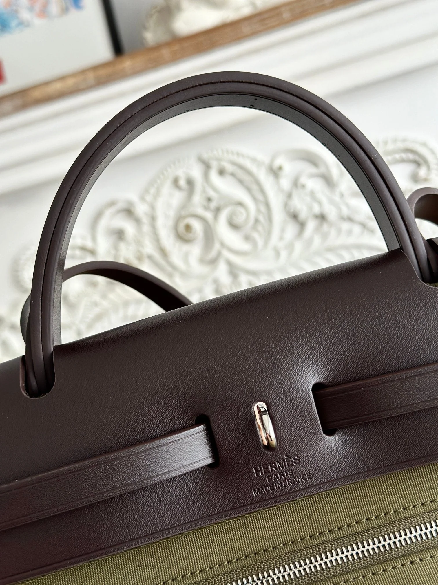 ZIP CABINE 31 BAG IN OLIVE GREEN CANVAS AND BLACK CALFSKIN