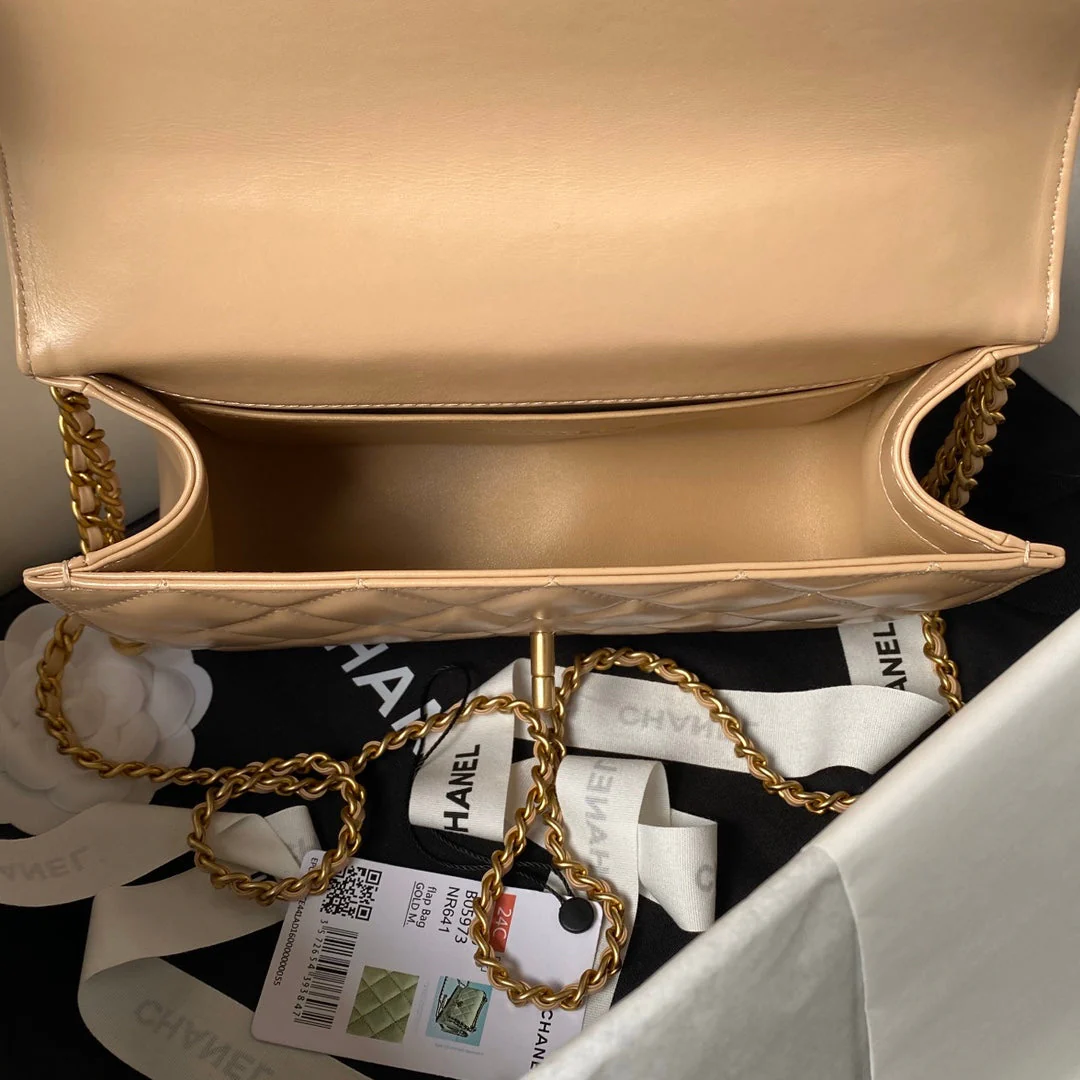 CHANEL 25S MINI FLAP BAG 22 IN TAN BROWN CALFSKIN GOLD HARDWARE