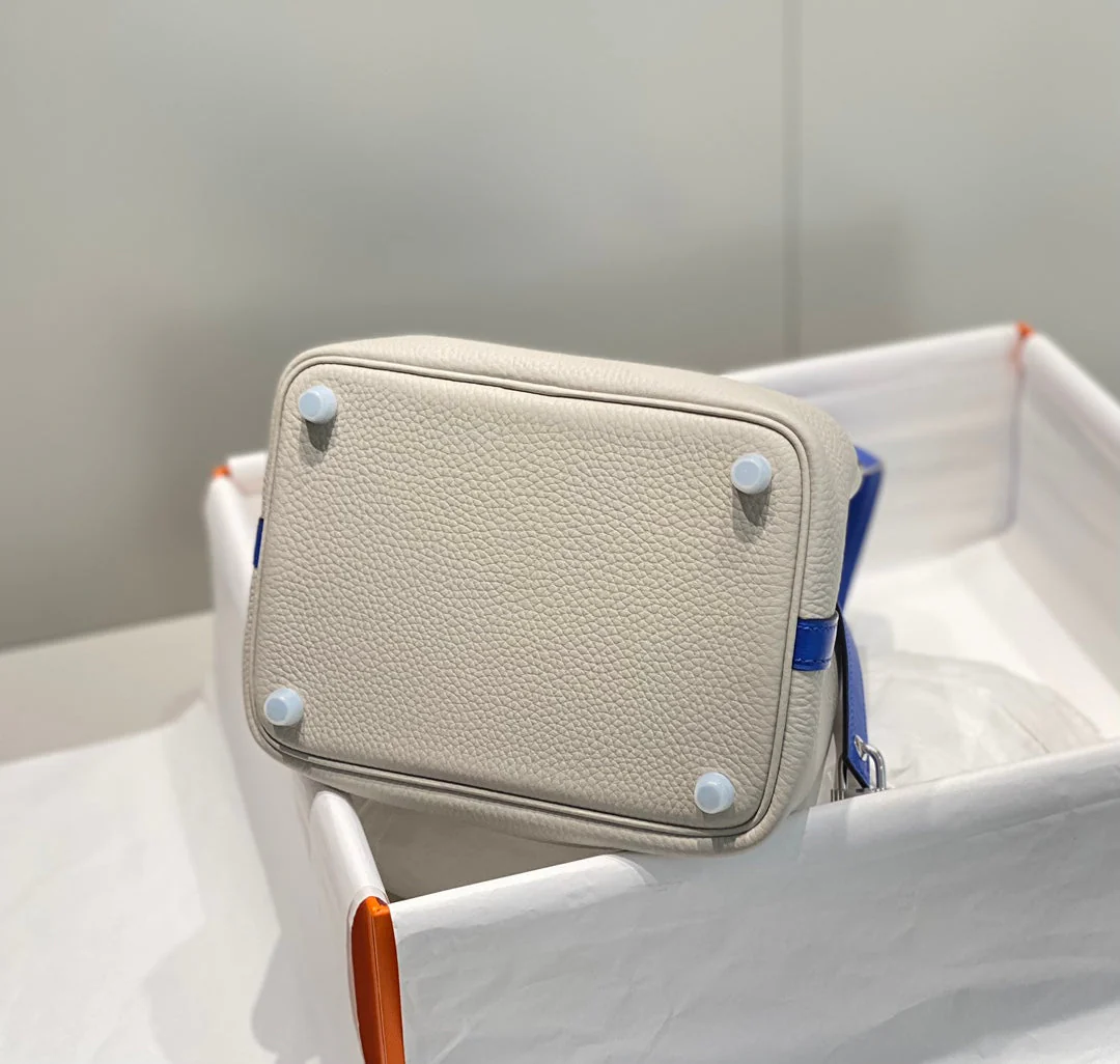 HERMES 25S PICOTIN LOCK 18 IN PEARL GRAY AND ELECTRIC BLUE CALFSKIN SILVER HARDWARE