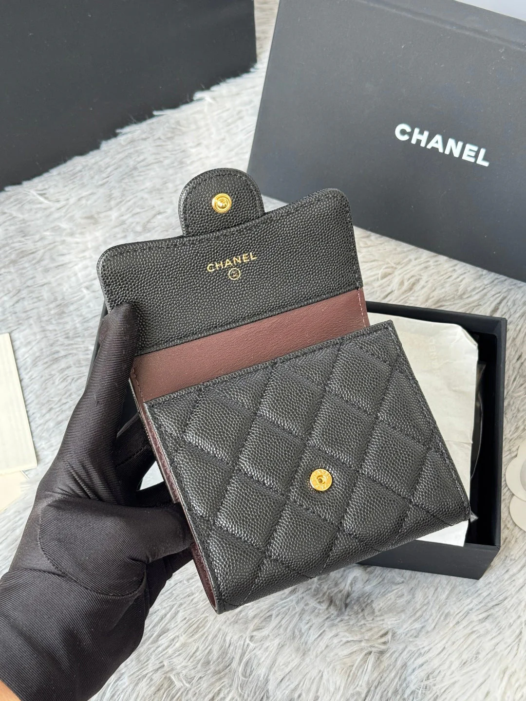 CHANEL 25S CF SMALL TRI FOLD WALLET 11 IN BLACK CAVIAR GOLD HARDWARE