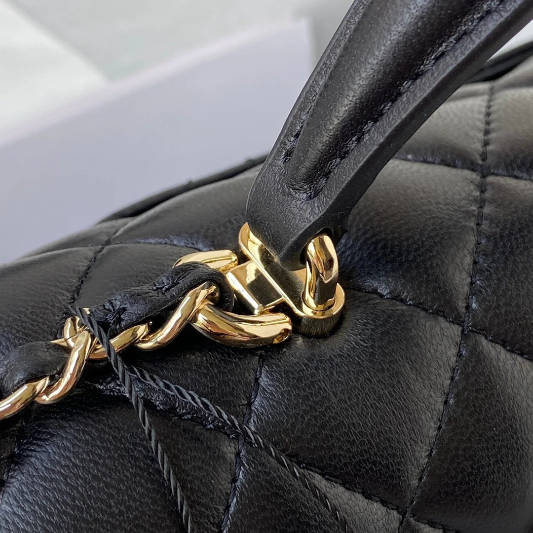 CHANEL 25S MINI FLAP BAG WITH TOP HANDLE 20 IN BLACK CALFSKIN GOLD HARDWARE