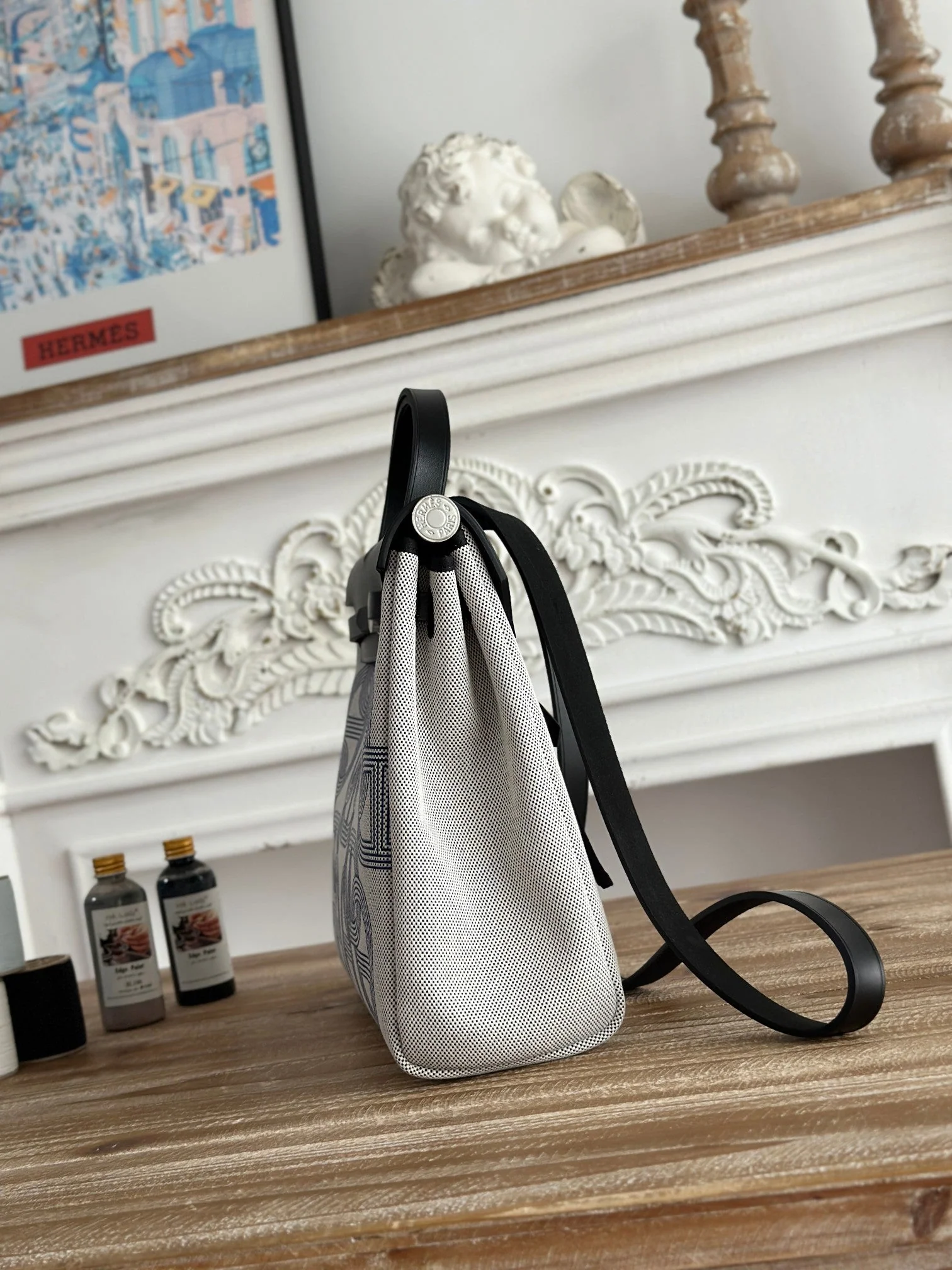 HERBAG ZIP 31 LAQUERED BAG IN OFF-WHITE MIX BLUE H PLUME CANVAS