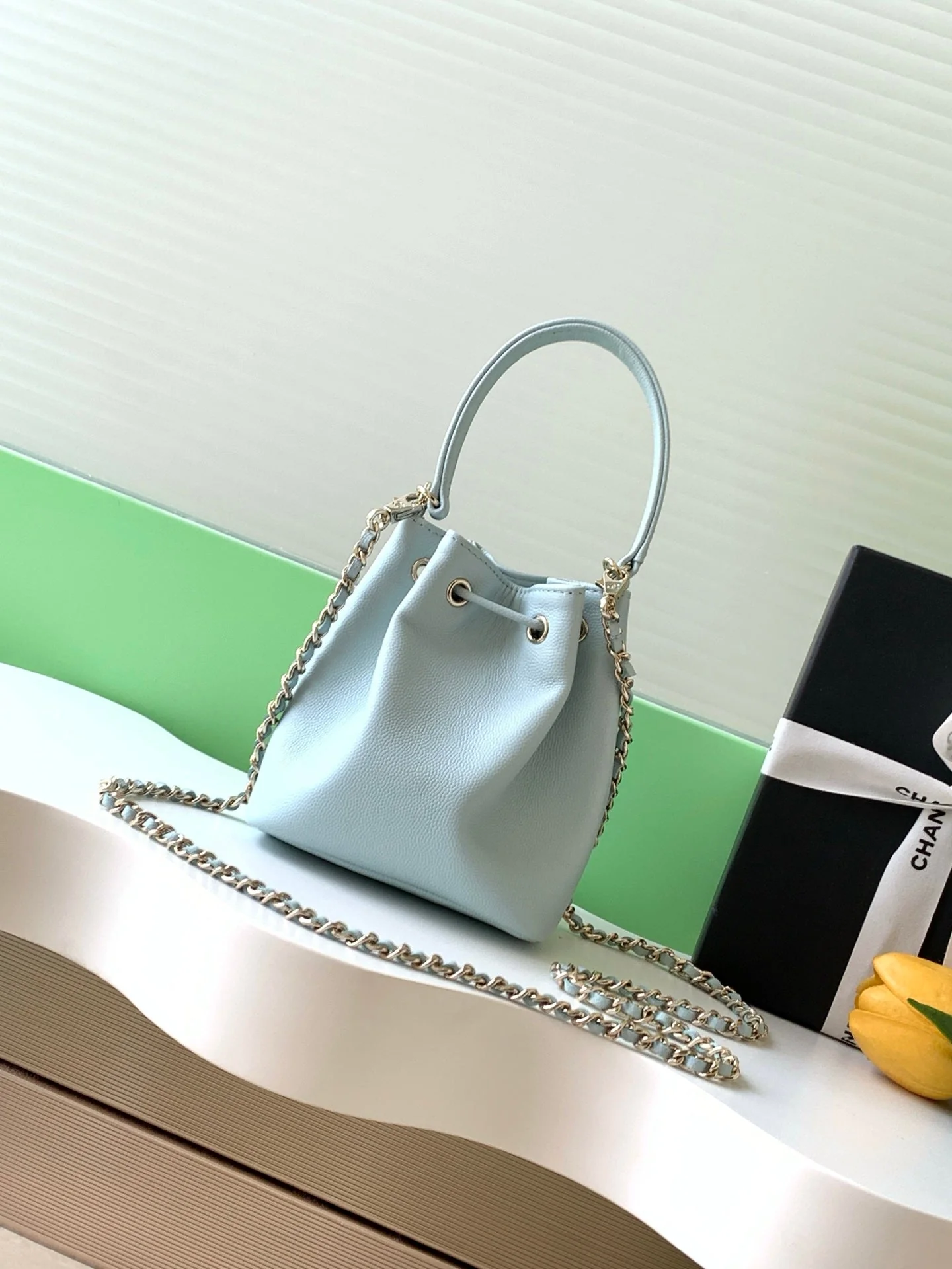 CHANEL 25S MINI BUCKET BAG 12 IN LIGHT BLUE CALFSKIN GOLD HARDWARE