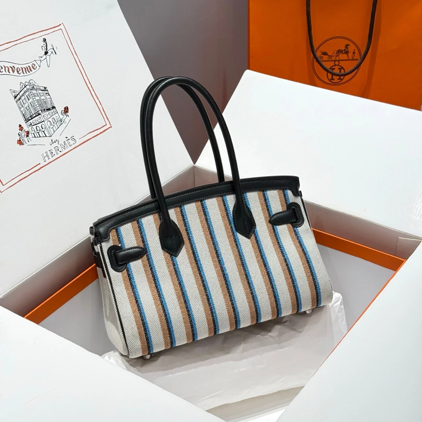 BIRKIN SHOULDER 29 IN BLACK CALFSKIN ÉCRU/NOIR/FAUVE/NOIR/BLEU ZANZIBAR EMBROIDERY CANVAS