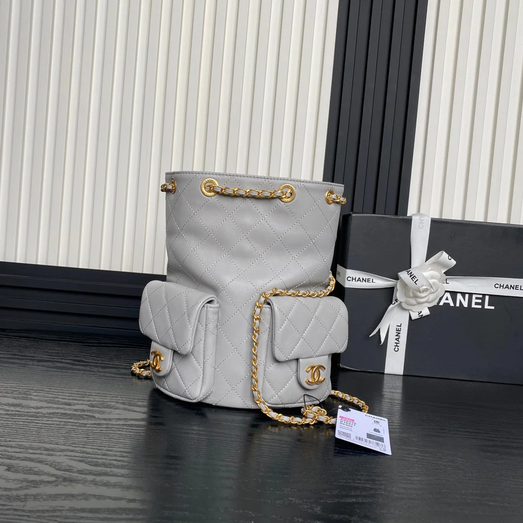 CRUISE DRAWSTRING BACKPACK 24 IN GREY LAMBSKIN GOLD-TONE METALLIC