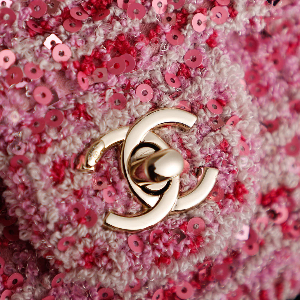 CHANEL 25S FLAP BAG 21 CM IN PINK SEQUINED TWEED WITH GOLD HARDWARE