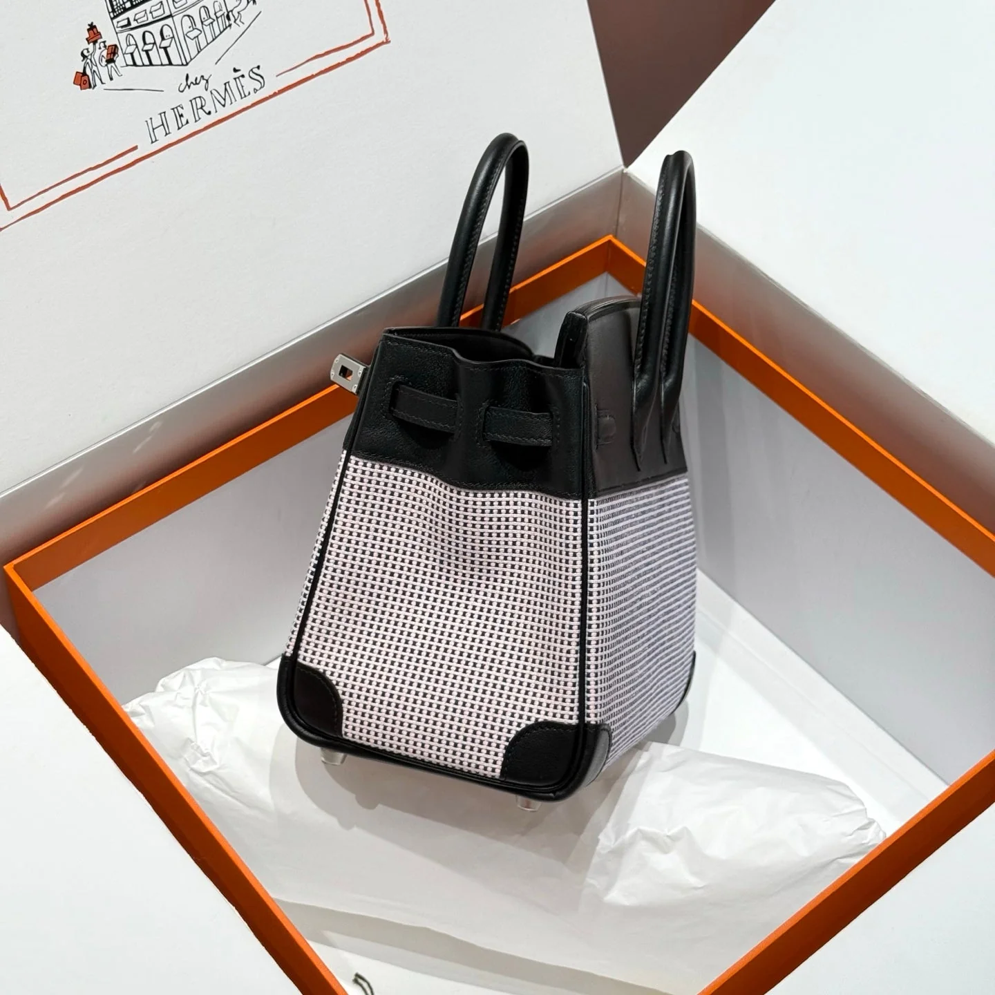 QUADRILLE BIRKIN 25CM IN BLACK SWIFT CALFSKIN WHITE BLUE PINK PLAID TOILE CANVAS