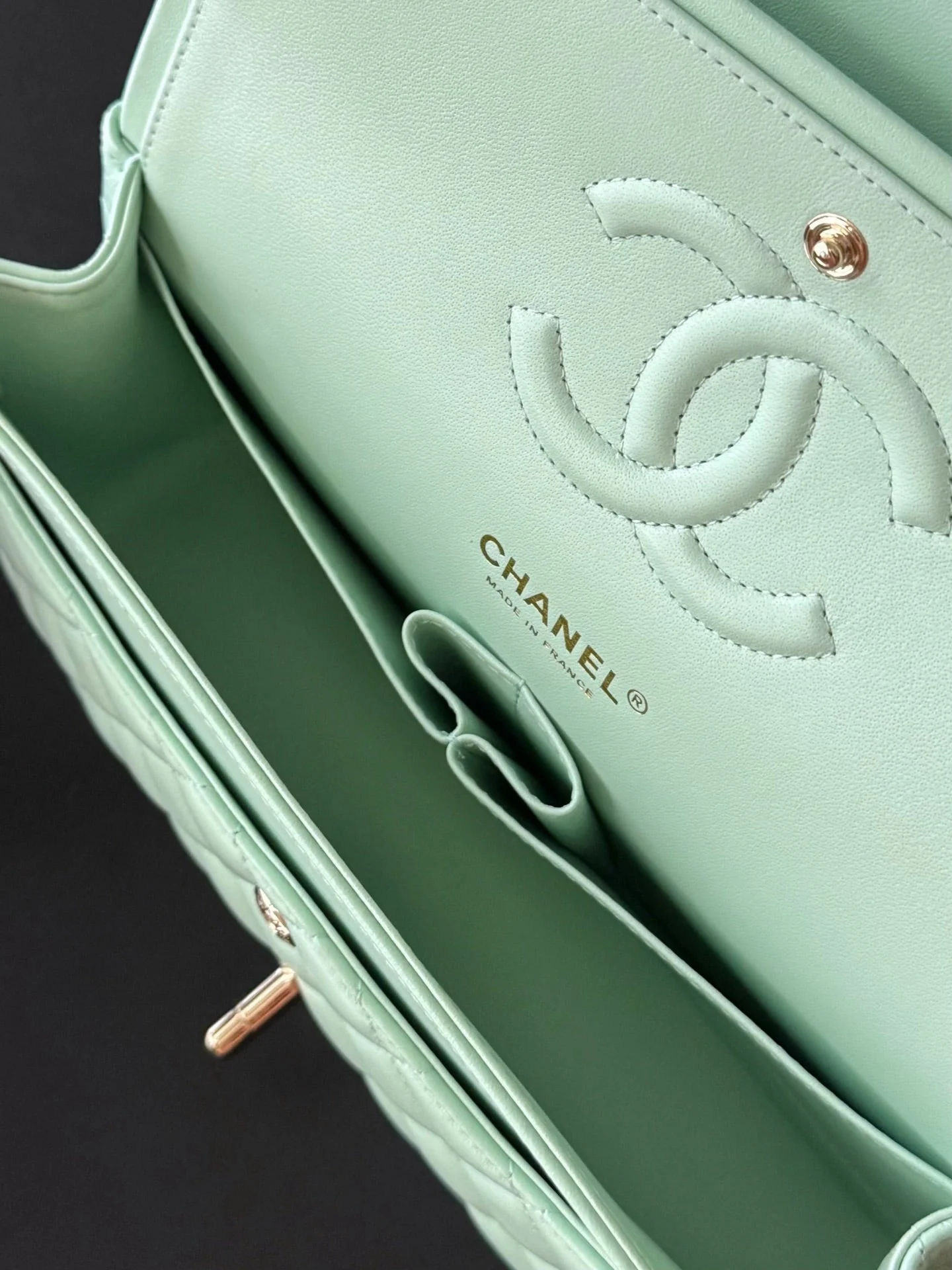 CHANEL 25S CLASSIC FLAP BAG 25 CM IN LIGHT CYAN BLUE LAMBSKIN WITH GOLD HARDWARE