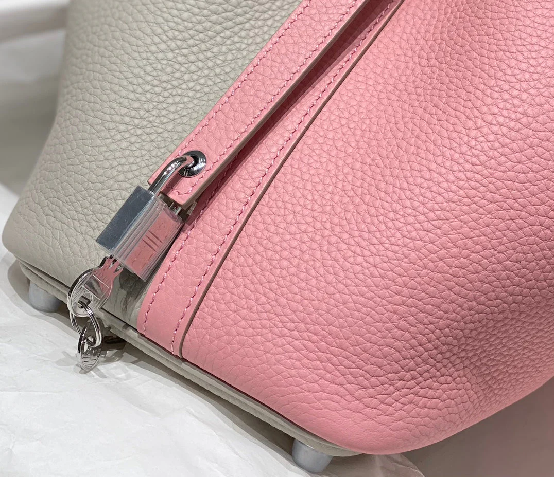 HERMES 25S PICOTIN LOCK 18 IN PINK AND LIGHT GRAY CALFSKIN SILVER HARDWARE
